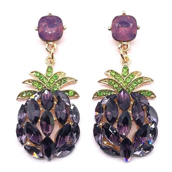 Yellow Gold with Purple and Green Crystal Pineapple Post Back Drop Earrings - Picture 1 of 6